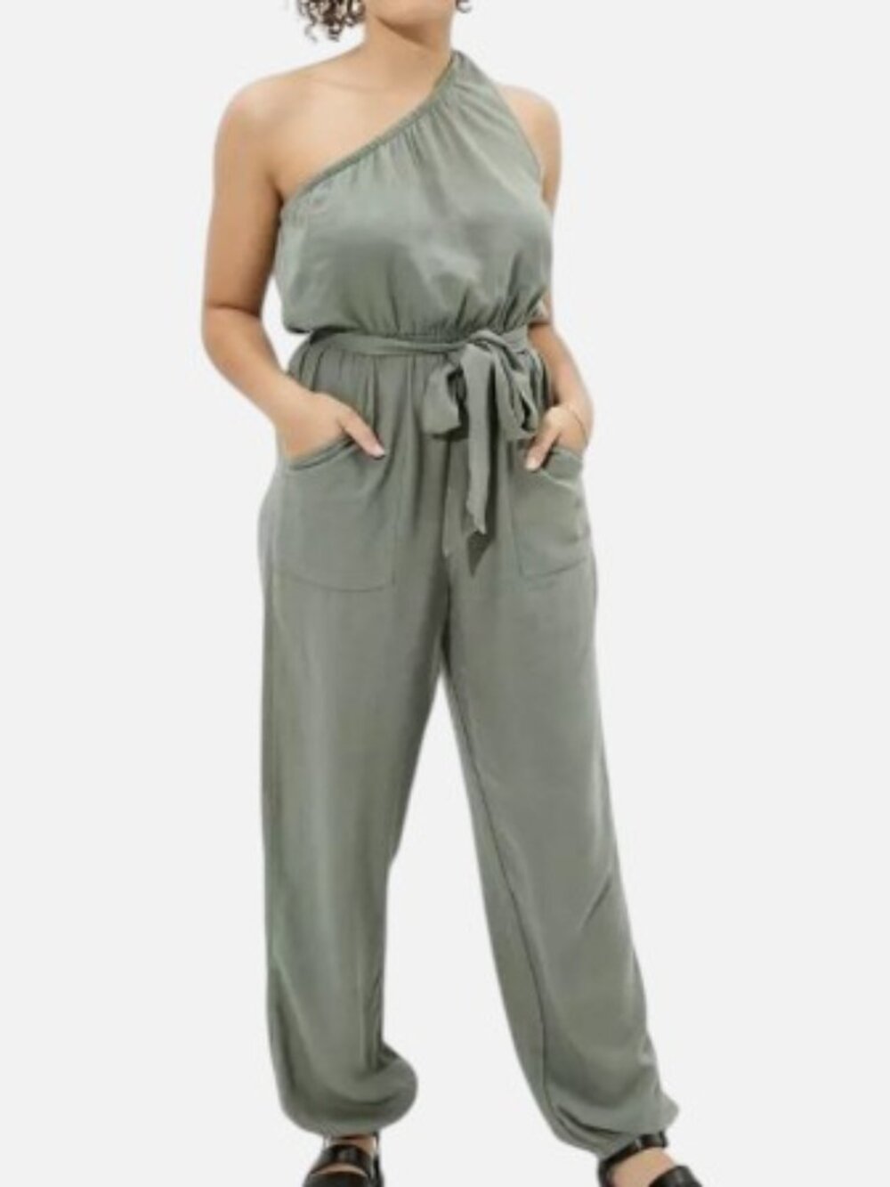 American Eagle Olive Green One Shoulder Linen Blend Jumpsuit Small Jogger Pocket